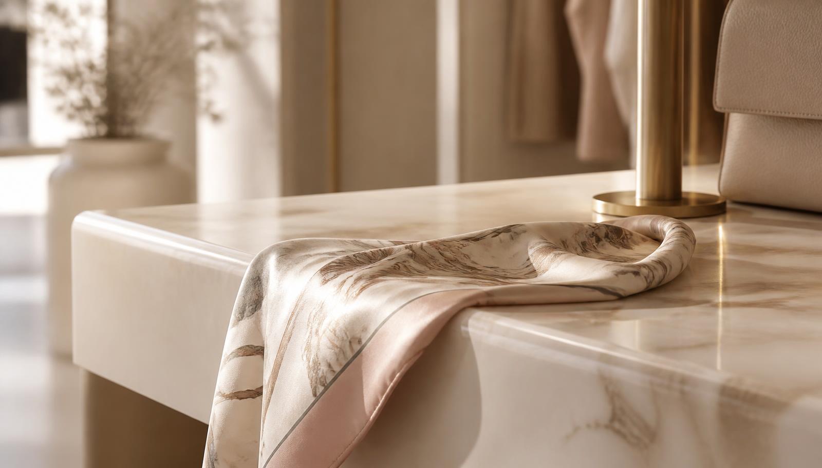 Silk scarf resting on a marble counter in a softly lit luxury boutique
