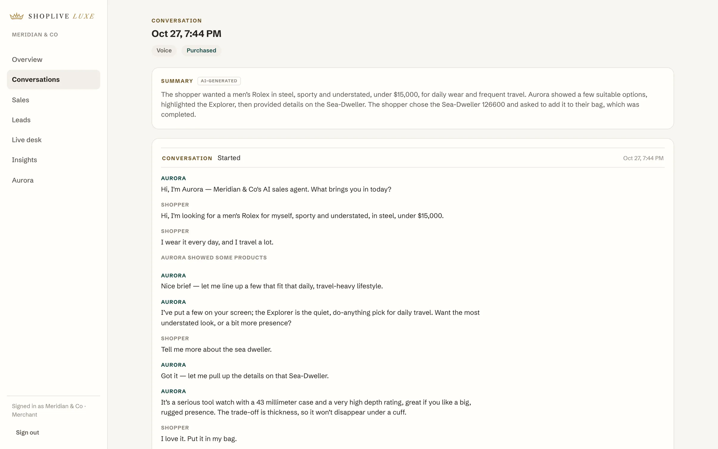 A conversation: Voice, Purchased, its AI summary and the transcript